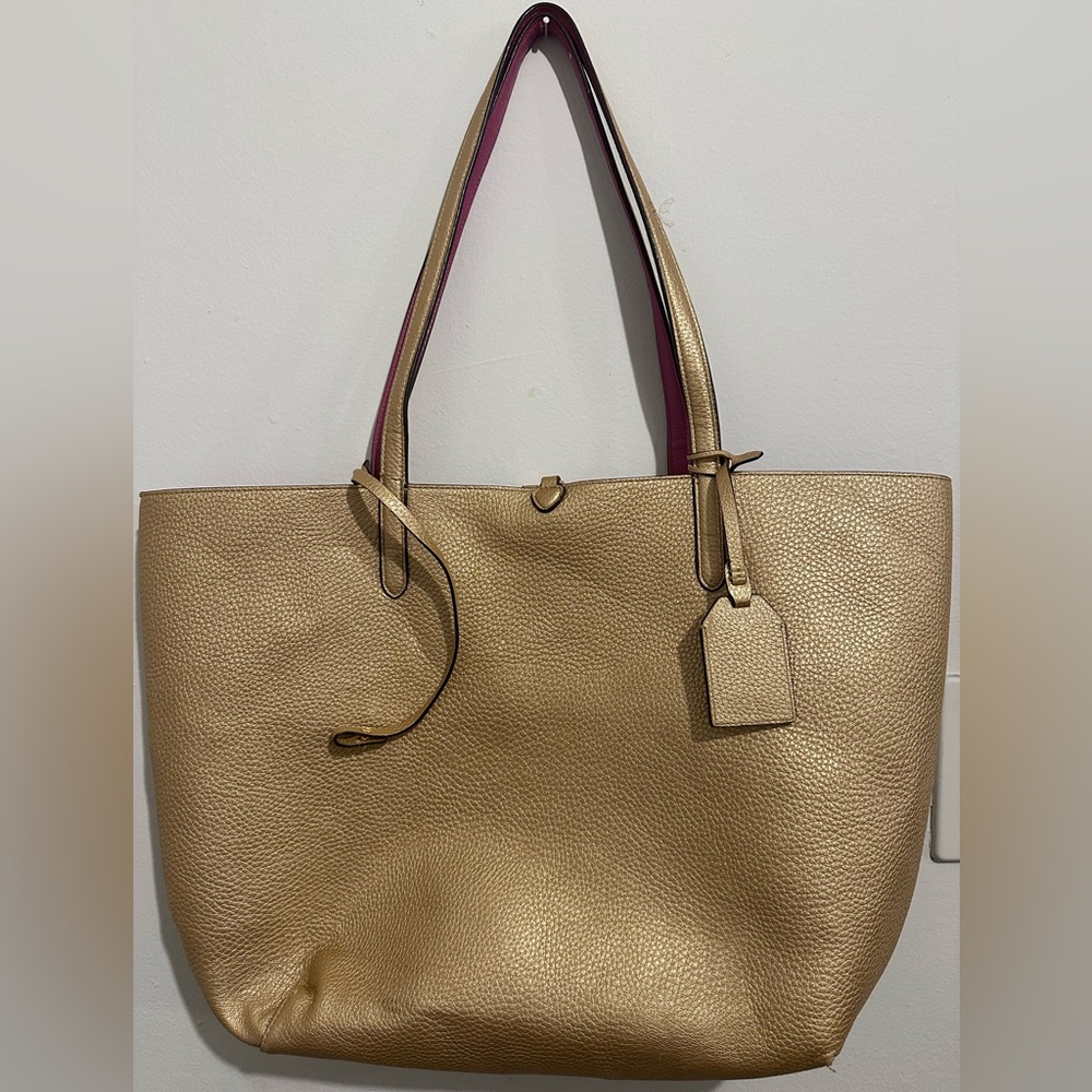 Ralph Lauren Large Reversible Hot Pink/Gold Leather Tote w/ Keychain